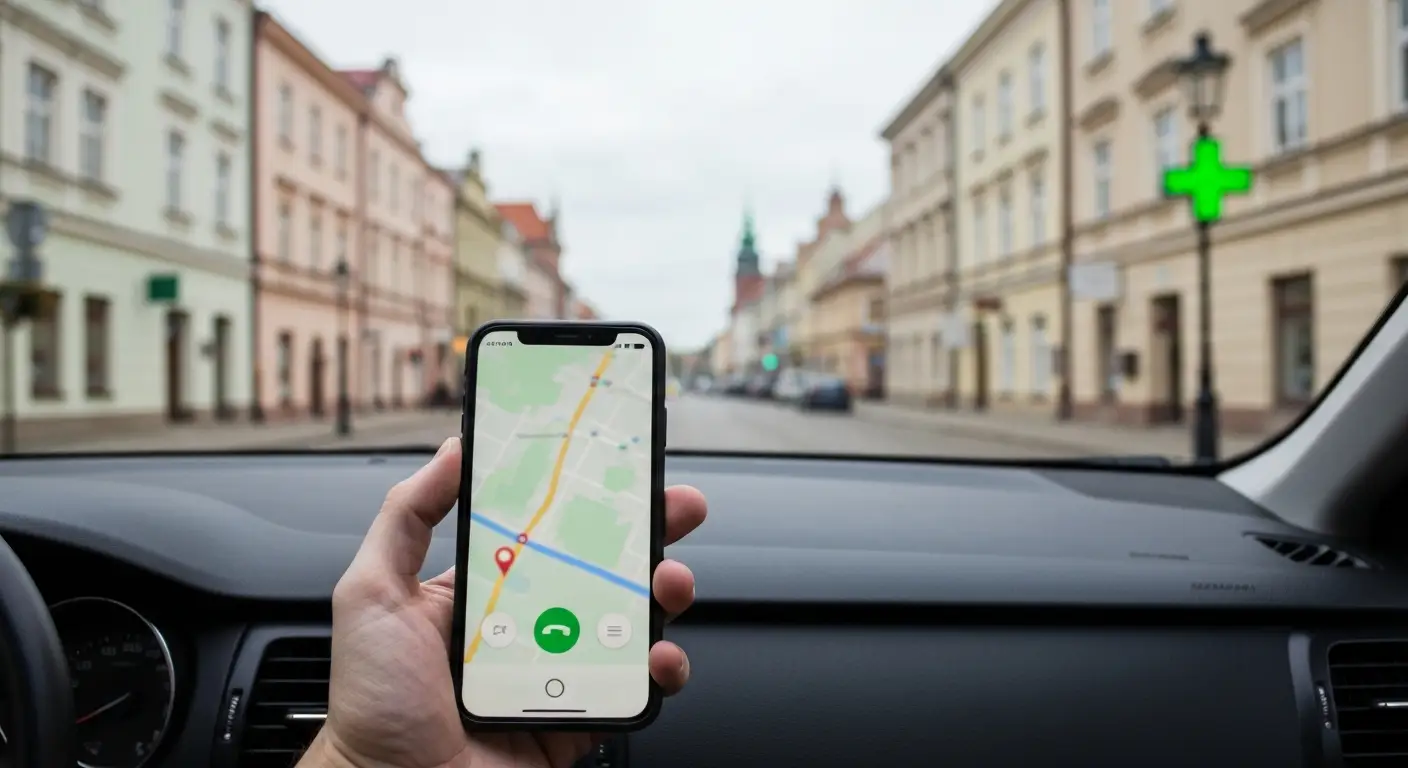 Dlon ze smartfonem z mapa i trasa dojazdu na tle radomskich kamienic i rynku, w oddali zielony krzyz apteczny.