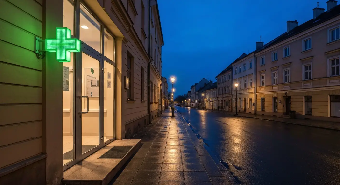 Nocna, oswietlona witryna apteki na spokojnej ulicy w Radomiu, mokry chodnik i kamienice w tle