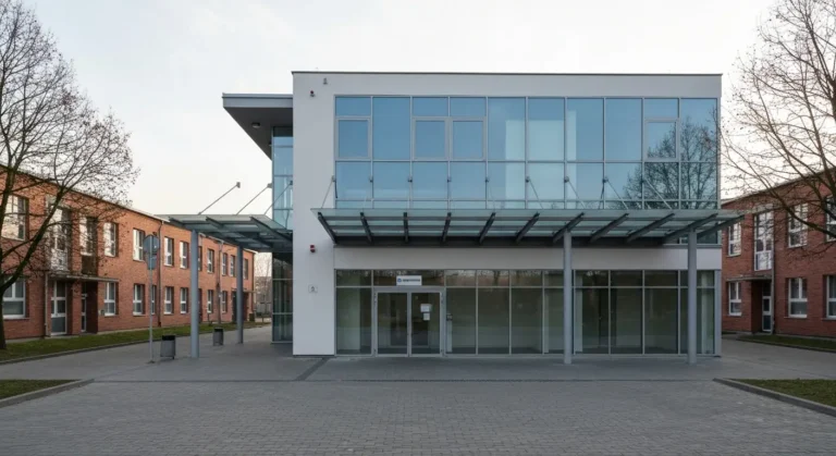 Wejscie do wspolczesnego szpitala w Radomiu z niewielkim punktem apteki na parterze i zadaszonym przejsciem, poranne swi
