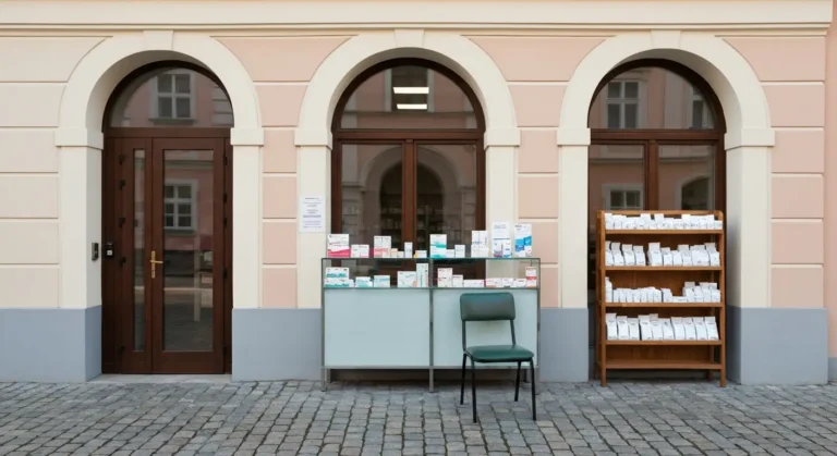 Wnetrze niewielkiej apteki na parterze zabytkowej kamienicy w centrum Radomia w niedzielny poranek, szklana lada z opako
