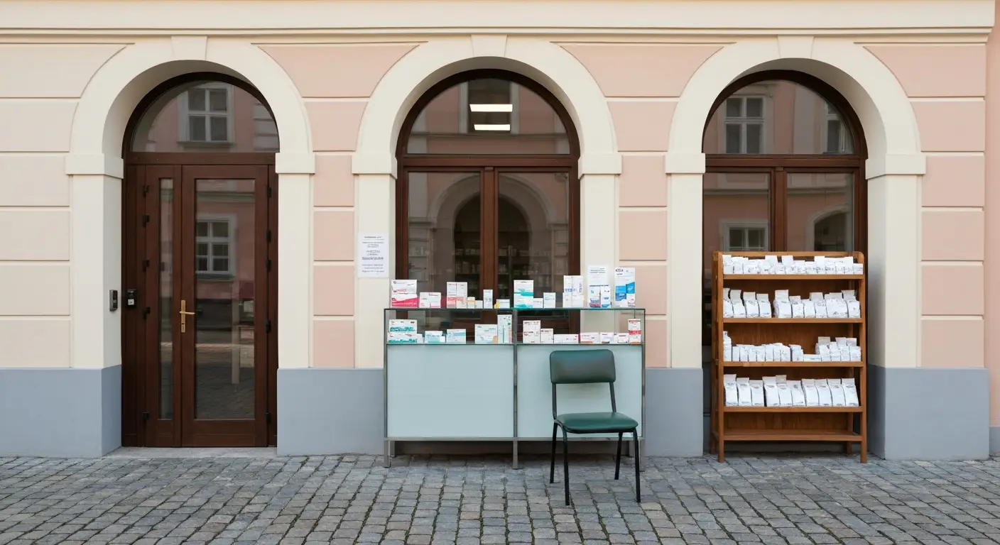 Wnetrze niewielkiej apteki na parterze zabytkowej kamienicy w centrum Radomia w niedzielny poranek, szklana lada z opako
