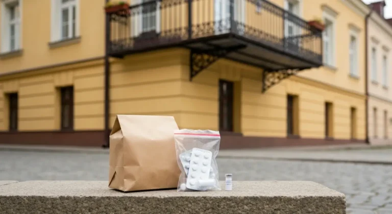 Neutralna papierowa paczka z lekami i torba kurierska na kamiennym progu zabytkowej radomskiej kamienicy w naturalnym sw
