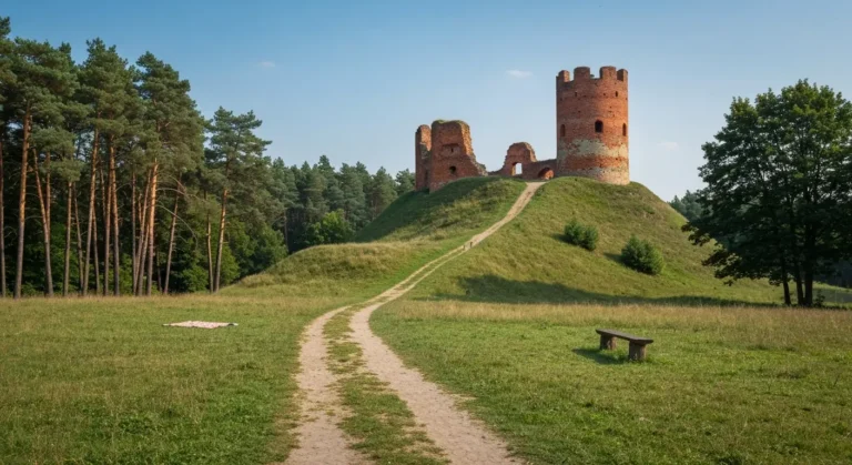 Ruiny ceglanego zamku na wzgorzu kolo Radomia, lesna sciezka i pusty rodzinny koc na pierwszym planie w mazowieckim kraj