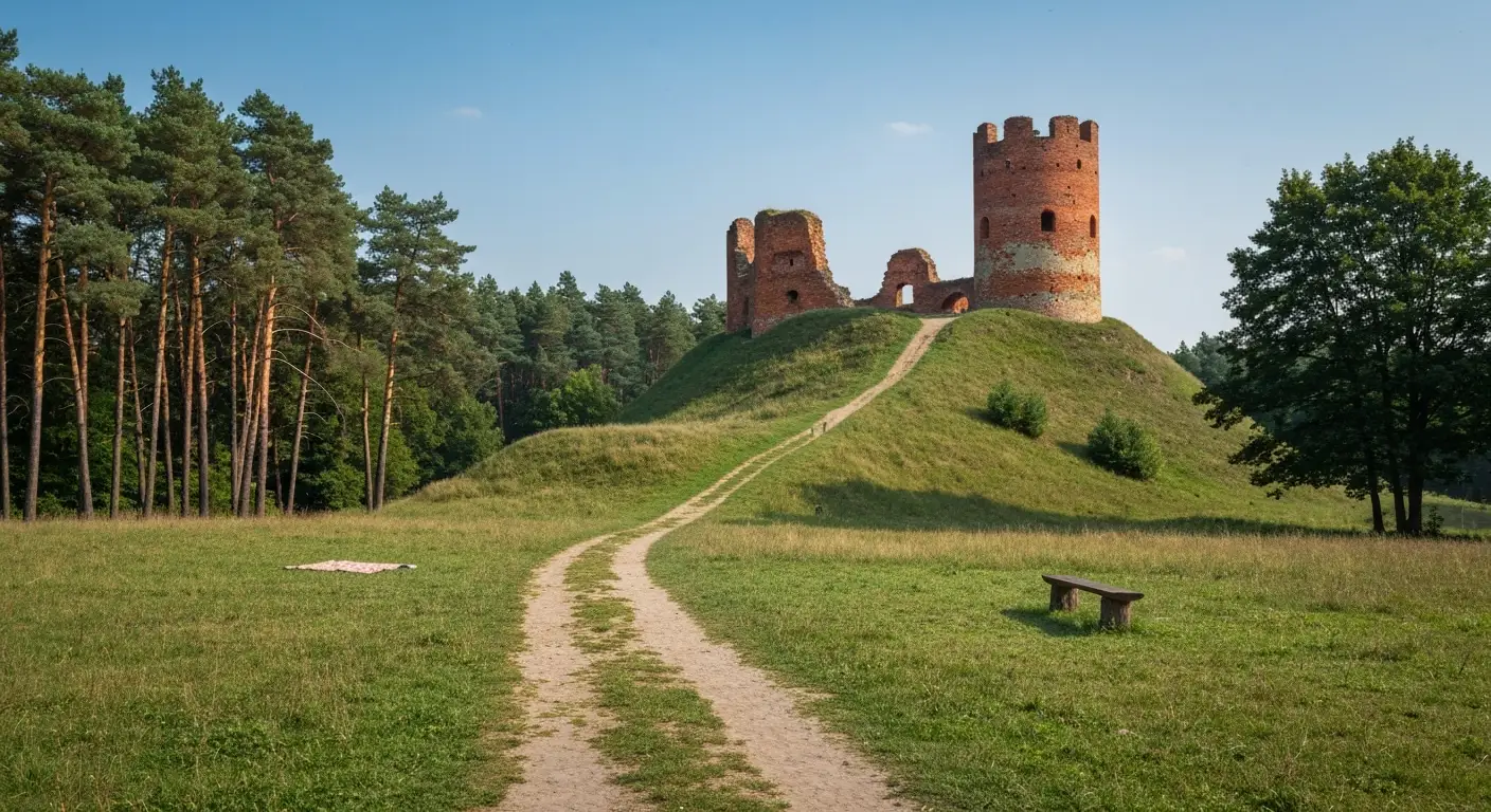 Ruiny ceglanego zamku na wzgorzu kolo Radomia, lesna sciezka i pusty rodzinny koc na pierwszym planie w mazowieckim kraj