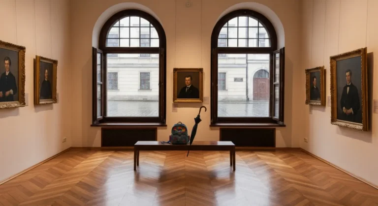 Wnetrze radomskiego muzeum w deszczowy dzien, drewniana podloga i lawka z dziecinnym plecakiem i parasolem, za oknem mok