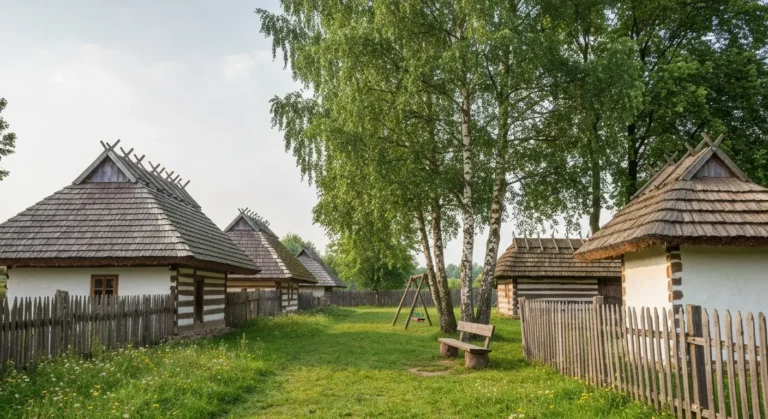 Drewniane chaty skansenu pod Radomiem z trawiastą ścieżką, ławką i huśtawką wśród brzóz w porannym słońcu