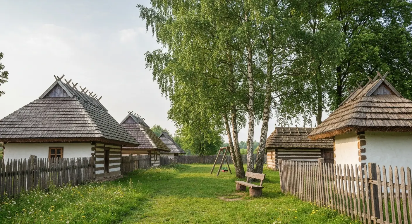 Drewniane chaty skansenu pod Radomiem z trawiastą ścieżką, ławką i huśtawką wśród brzóz w porannym słońcu