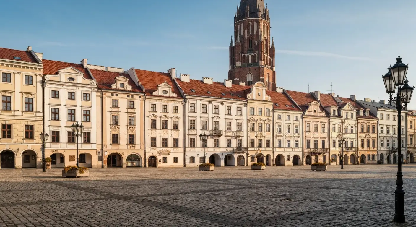 Radomski Rynek o poranku - odrestaurowane zabytkowe kamienice i wieza kosciola nad brukowanym placem