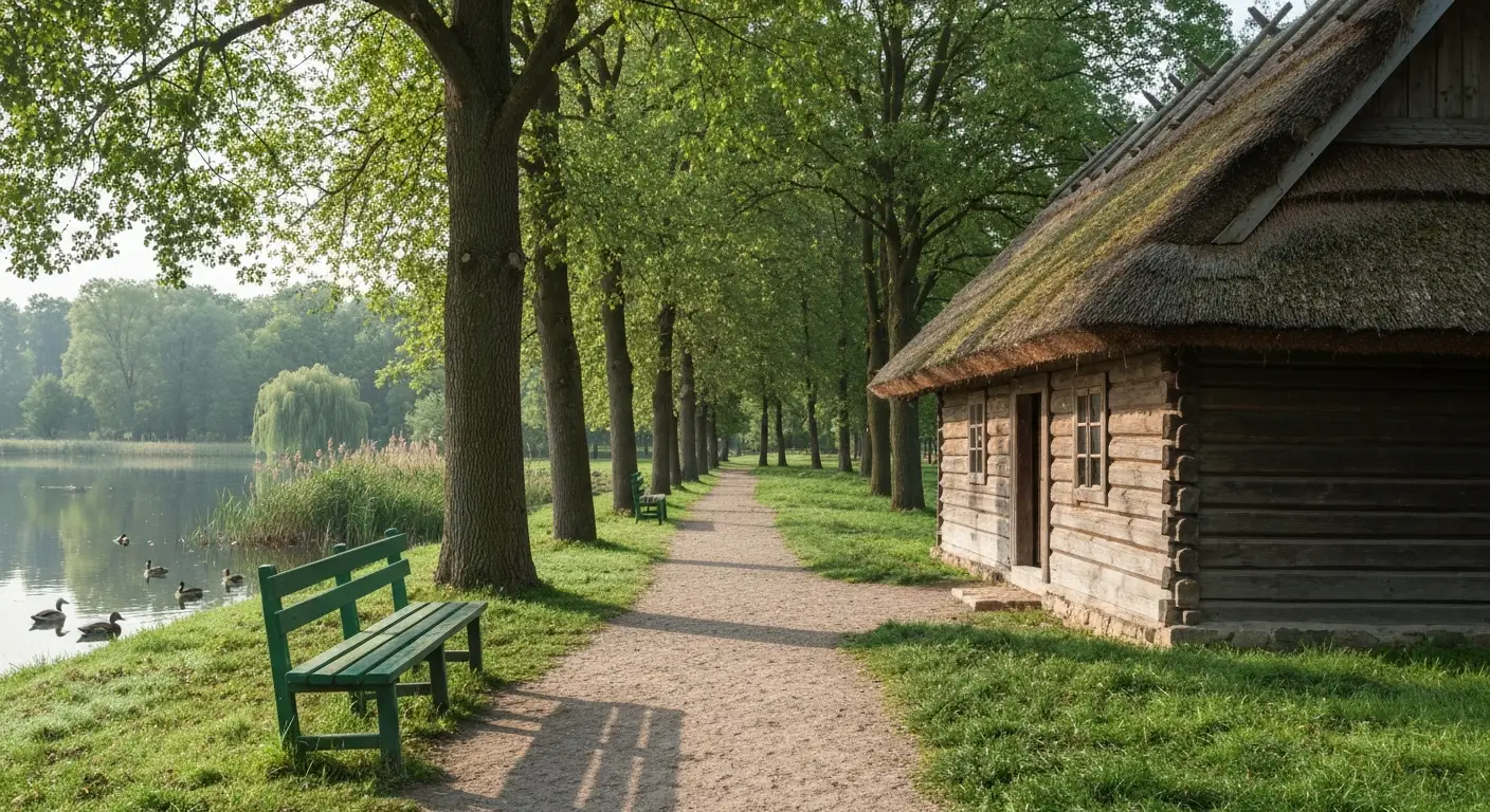 Spokojny skansen w Radomiu - drewniana chata kryta strzecha, pusta lawka w cieniu i staw z kaczkami wsrod zieleni
