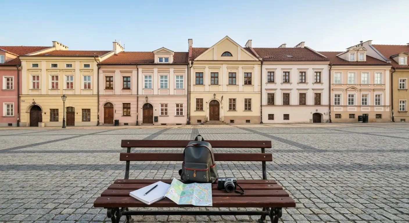 Zabytkowy rynek w Radomiu z kolorowymi kamienicami, a na ławce szkolny plecak, mapa miasta, notatnik i aparat - edukacyj
