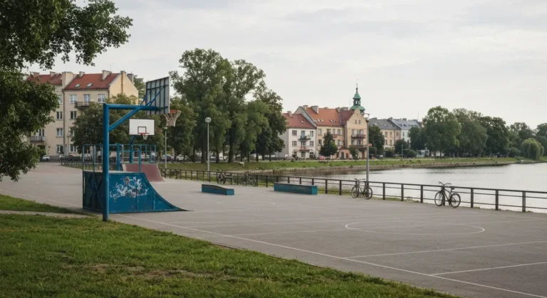 Plenerowa strefa rekreacji dla nastolatkow w Radomiu - kosz do koszykowki, rampa i rowery nad brzegiem Zalewu Borki, w t