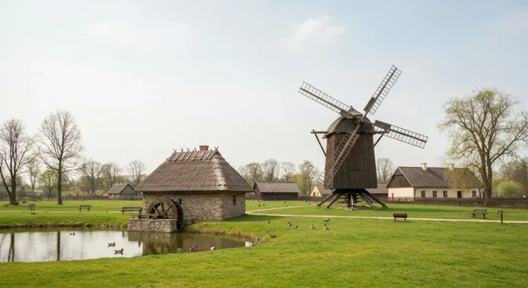 Skansen w Radomiu - drewniany wiatrak i kryta strzecha chata nad stawem z kaczkami, kamienne koło młyńskie w wiosennym s
