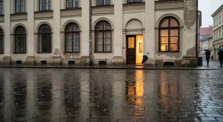 Zabytkowa fasada radomskiego muzeum w deszczowy dzien, mokre kamienice i bruk rynku, cieple swiatlo z wnetrza galerii