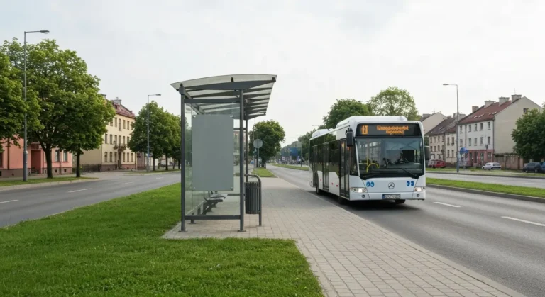 Miejski niskopodlogowy autobus podjezdzajacy do wiaty przystankowej na szerokiej ulicy w Radomiu, w tle odrestaurowane k