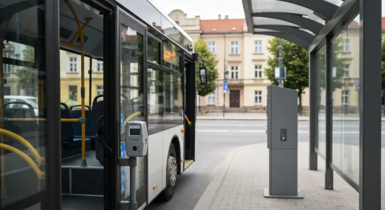 Miejski autobus przy przystanku w Radomiu, kasownik biletowy w srodku i automat biletowy na chodniku, w tle zabytkowe ka