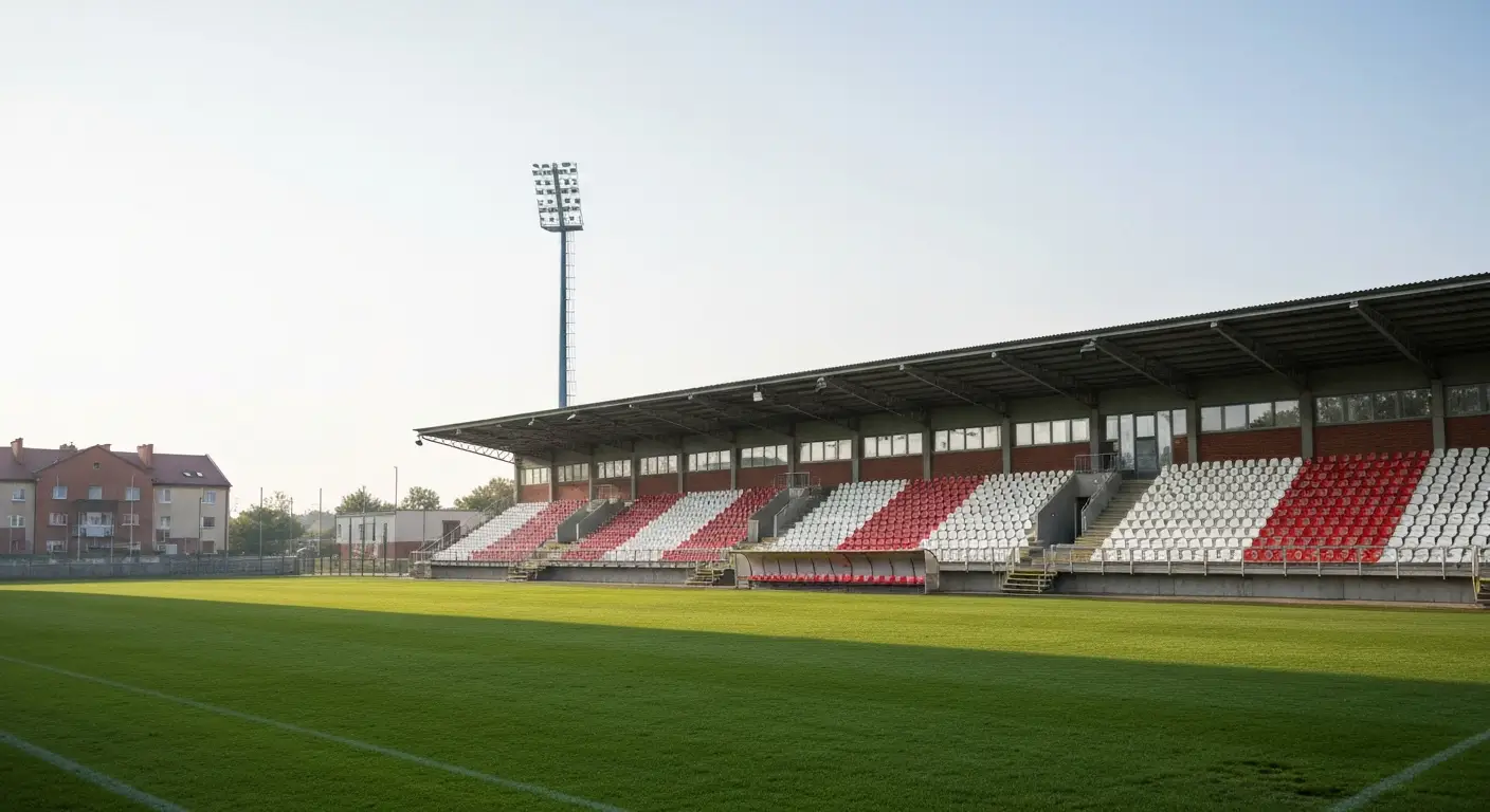 Pusty miejski stadion pilkarski w Radomiu o poranku - zielona murawa, biało-czerwone trybuny i maszty oswietleniowe w na