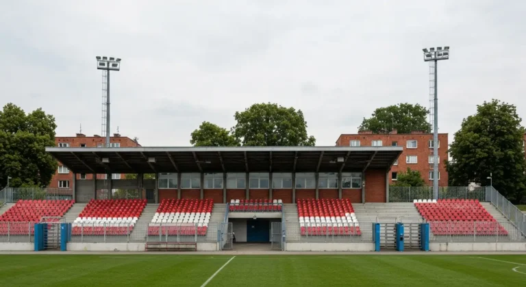 Kameralny stadion piłkarski w Radomiu w dzień meczu - trybuna z biało-czerwonymi krzesełkami, murawa, maszty oświetlenio