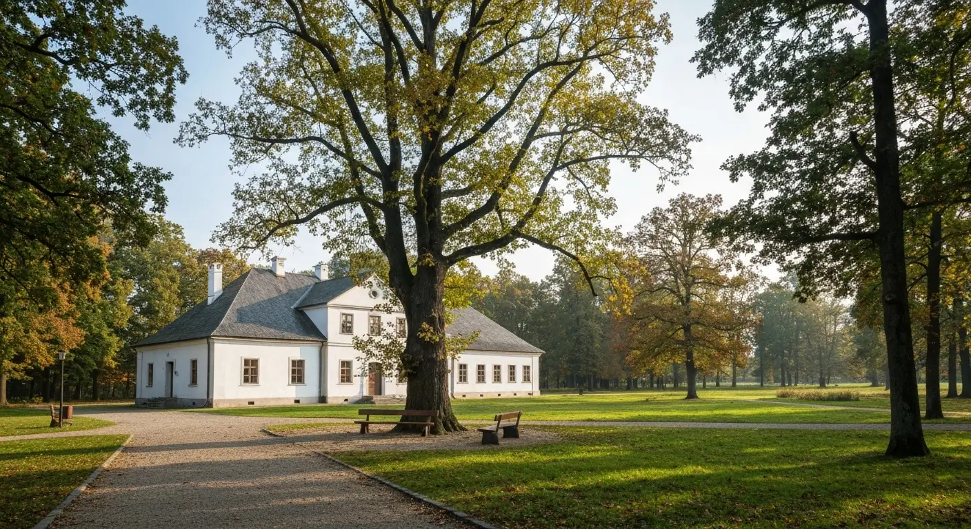 Zabytkowy dworek muzeum w Czarnolesie otoczony parkiem z lipa i drewniana lawka pod drzewem w spokojnym mazowieckim kraj