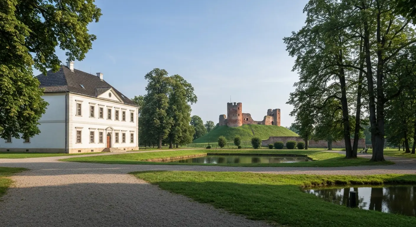 Zabytkowy bialy dworek Muzeum Jana Kochanowskiego w Czarnolesie wsrod starych lip i parkowych alej, w tle ruiny ceglaneg