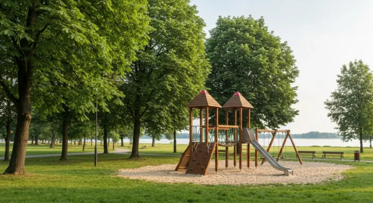 Bezplatny miejski plac zabaw w parku w Radomiu z drewnianymi zabawkami, alejka spacerowa i zalew Borki w tle w letni por