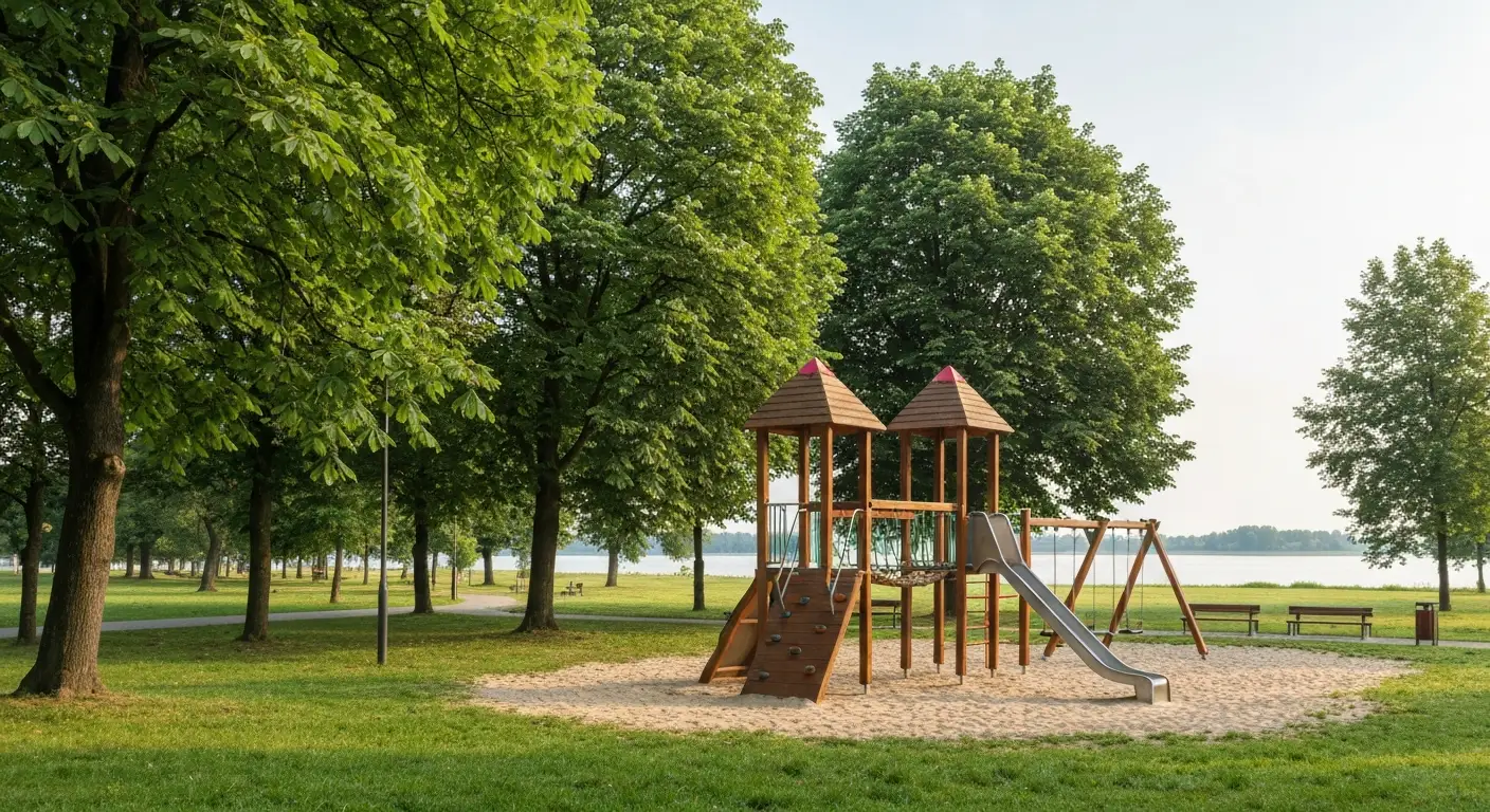 Bezplatny miejski plac zabaw w parku w Radomiu z drewnianymi zabawkami, alejka spacerowa i zalew Borki w tle w letni por