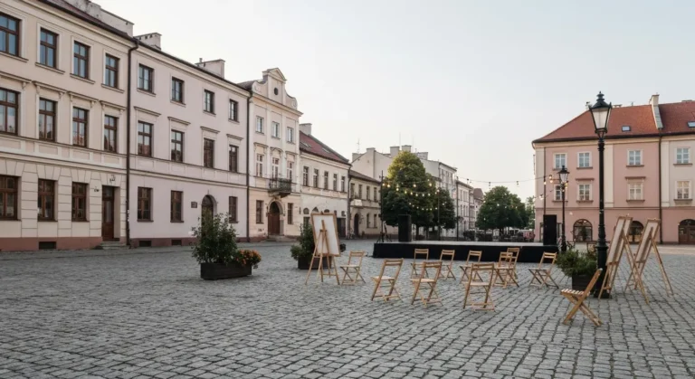 Plenerowa scena wydarzenia kulturalnego na zabytkowym radomskim rynku - kamienice, drewniane krzesla, sztalugi i lampki,