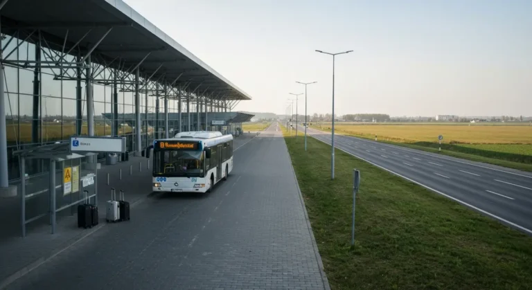 Nowoczesny terminal regionalnego lotniska pod Radomiem, autobus miejski i postoj taksowek z walizkami, w tle droga do ce