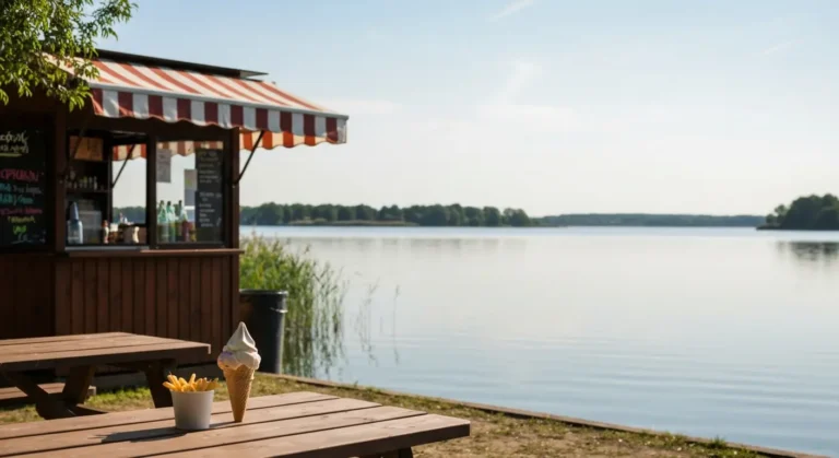 Sezonowa budka gastronomiczna z pasiastą markizą i drewnianym stolikiem nad zalewem Borki w Radomiu w słoneczne popołudn