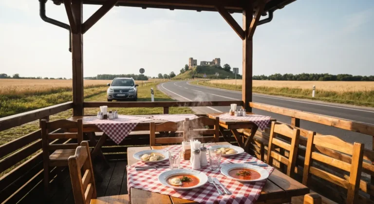Wiejska restauracja z tarasem przy drodze na trasie Radom-Ilza-Czarnolas, stolik z polskim obiadem, w tle pola i ruiny z