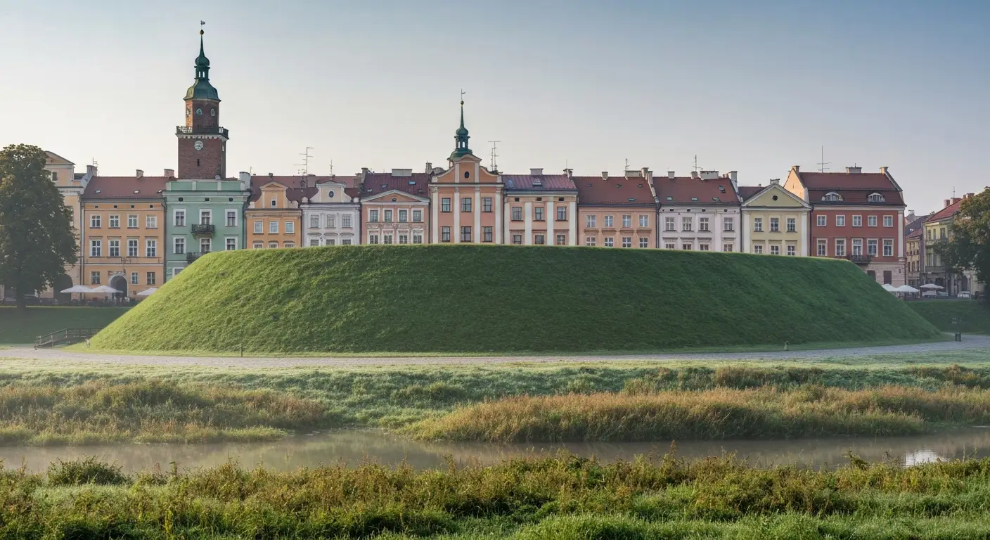 Grodzisko Piotrowka nad doliną Mlecznej i zabytkowe kamienice radomskiego Starego Miasta o poranku
