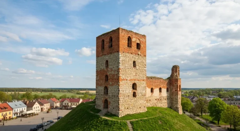 Ruiny wiezy zamku biskupow krakowskich w Ilzy na zielonym wzgorzu nad miasteczkiem, w tle rynek i mazowiecki krajobraz w