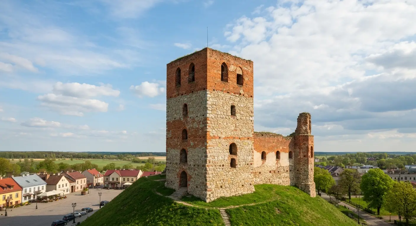 Ruiny wiezy zamku biskupow krakowskich w Ilzy na zielonym wzgorzu nad miasteczkiem, w tle rynek i mazowiecki krajobraz w