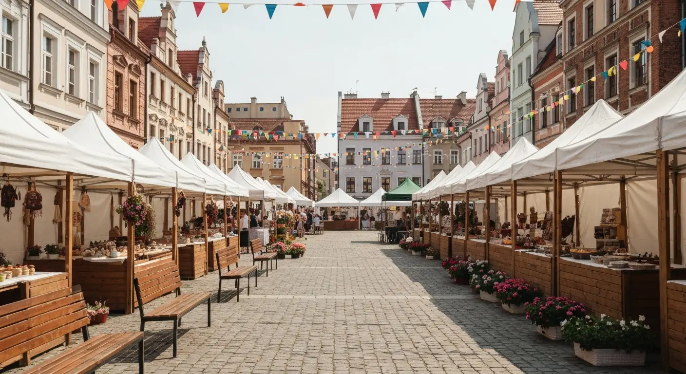 Plenerowy festyn na radomskim rynku - biale namioty, drewniane stragany, girlandy swiatel i kamienice w tle