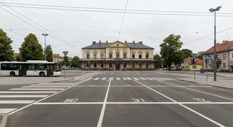 Budynek dworca kolejowego Radom Główny widziany od placu Dworcowego, miejski autobus podjeżdżający do przystanku i oznak