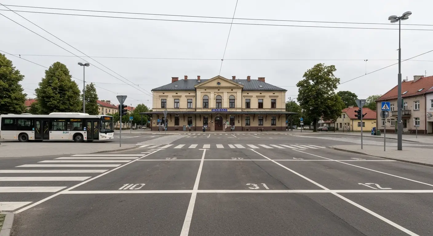 Budynek dworca kolejowego Radom Główny widziany od placu Dworcowego, miejski autobus podjeżdżający do przystanku i oznak