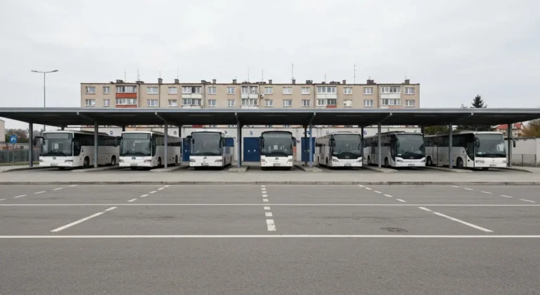 Dworzec autobusowy PKS w Radomiu - regionalne autobusy przy ponumerowanych stanowiskach, parking i budynek dworca w natu