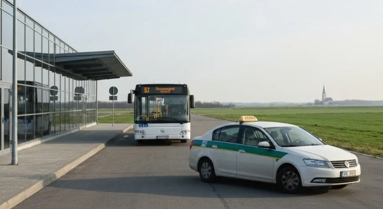 Miejski autobus i taksowka przy regionalnym lotnisku pod Radomiem, w tle mazowieckie pola i wieza kosciola w swietle dni