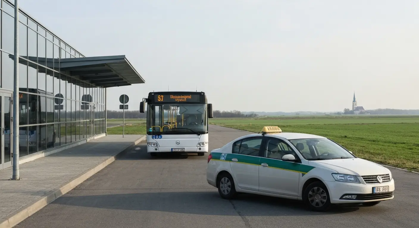 Miejski autobus i taksowka przy regionalnym lotnisku pod Radomiem, w tle mazowieckie pola i wieza kosciola w swietle dni