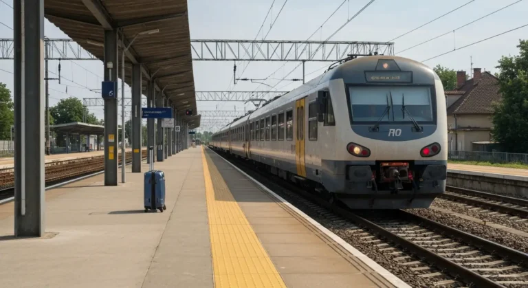 Regionalny pociąg przy peronie stacji kolejowej w Radomiu z walizką na peronie w letni poranek