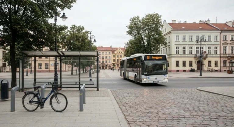 Miejski autobus przy pustym przystanku i rower na stojaku w Radomiu, w tle zabytkowe kamienice i chodnik dla pieszych
