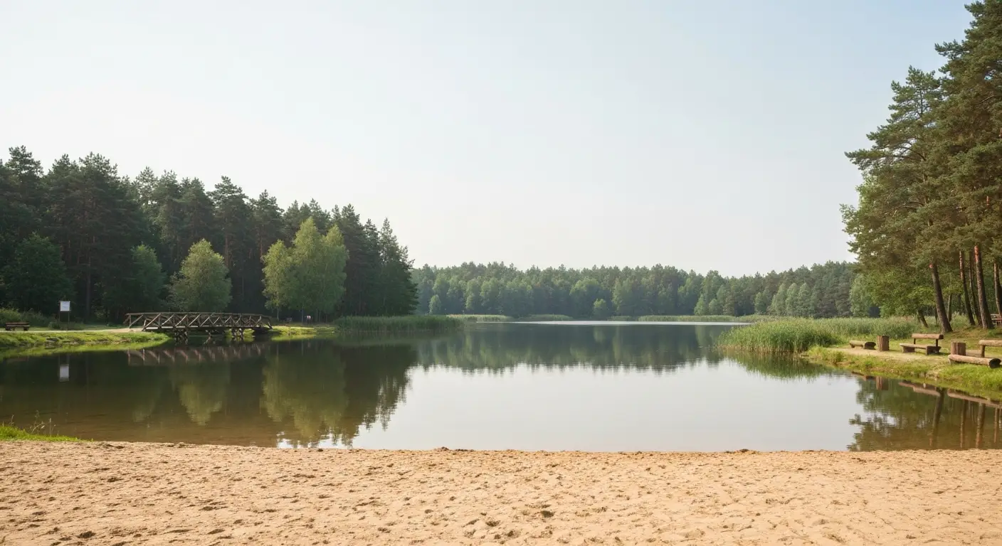 Spokojny zalew w Jedlni-Letnisku pod Radomiem z piaszczystą plażą i lasem Puszczy Kozienickiej w tle