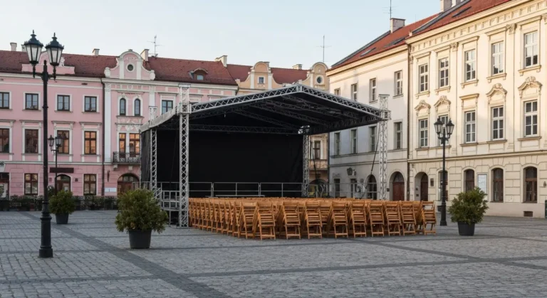 Zabytkowy radomski rynek z kolorowymi kamienicami i pustą sceną plenerową przygotowaną przed wydarzeniem kulturalnym.