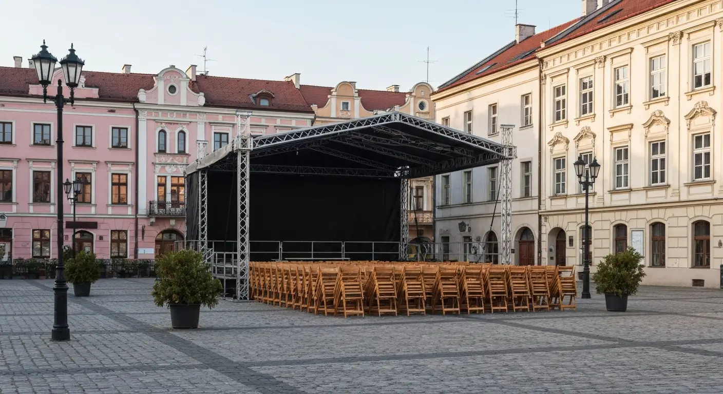 Zabytkowy radomski rynek z kolorowymi kamienicami i pustą sceną plenerową przygotowaną przed wydarzeniem kulturalnym.