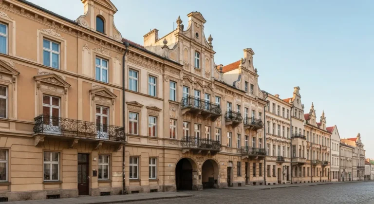 Rzad zabytkowych kamienic w starej czesci Radomia z ozdobnymi fasadami, balkonami i brama przejazdowa w porannym swietle