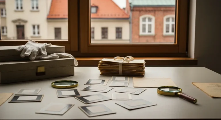 Stare fotografie rodzinne i dokumenty w pudle archiwalnym na stole w czytelni, w tle dachy radomskich kamienic