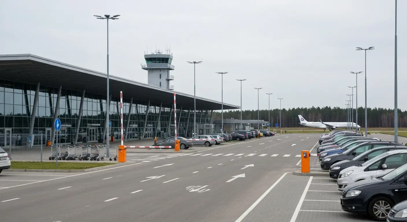 Terminal pasazerski lotniska w Radomiu widziany od strony parkingu z rzedami zaparkowanych samochodow i wieza kontroli l