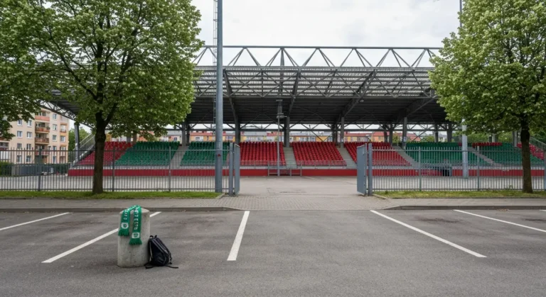 Stadion pilkarski w Radomiu w dzien meczu, pusty parking przy arenie i szalik na slupku