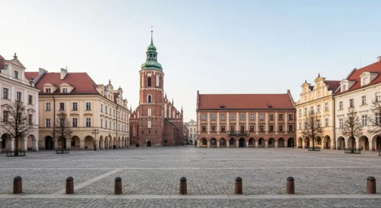 Brukowany rynek w Radomiu z odrestaurowanymi kamienicami, wieza gotyckiego kosciola i ratuszem w porannym swietle