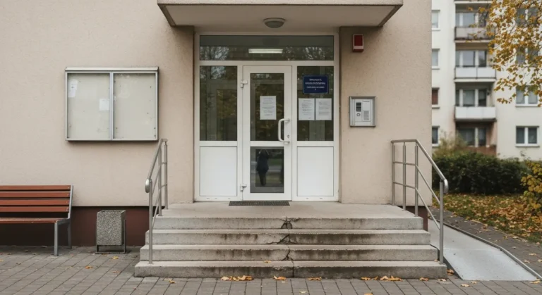 Wejscie do miejskiego budynku pomocy spolecznej w Radomiu - schody, podjazd dla wozkow i szklane drzwi w swietle dnia