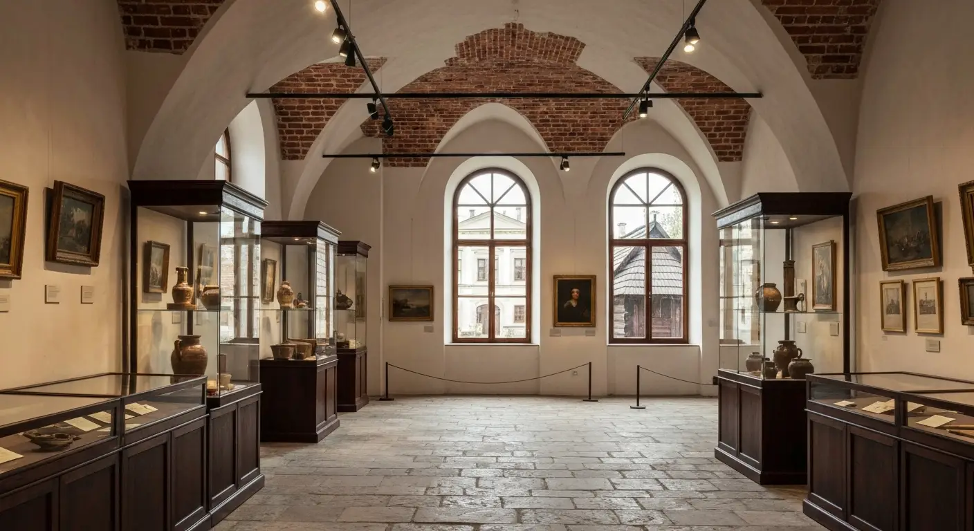 Wnetrze historycznego muzeum w Radomiu z drewnianymi gablotami i widokiem na drewniana chate skansenu za oknem